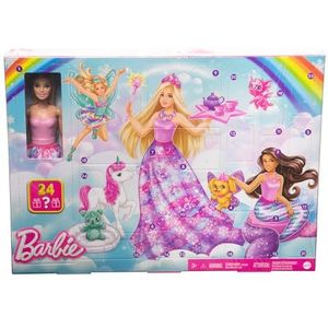 Barbie Dreamtopia HVK26 Adventskalender met 24 verrassingen, waaronder sprookjesaccessoires, sprookjes- en zeemeerminkleding, een eenhoorn en een draak, HVK26