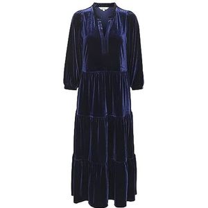 Part Two Fluwelen jurk voor dames, 3/4 mouwen, midi-lengte, losse pasvorm, V-hals, notch-hals, Midnight Sail, S