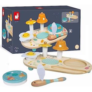 Janod - Pure Wooden Musical Table - Wooden Musical Early Learning Toy - with Cymbal, Bell and Removable Tambourine - Water Based Paint - from 3 Years Old, J05164
