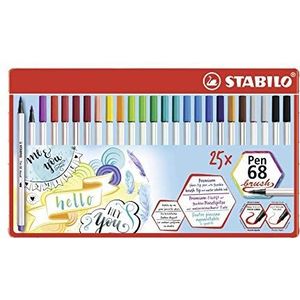 Premium Viltstift met penseelpunt voor variabele lijndiktes - STABILO Pen 68 brush - metalen etui met 25 stuks - met 19 verschillende kleuren