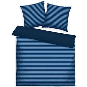 TOM TAILOR beddengoed, medium strepen, donkerblauw & cool blue, 2 x 80 x 80 cm + 200 x 220 cm, 100% katoen-renforcé, met omkeerbaar motief en gekleurde merkritssluiting