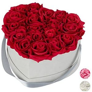 Relaxdays Rozenbox hart, 18 rozen, stabiele bloemenbox, grijs, 10 jaar houdbaar, cadeau-idee, decoratieve bloemenbox, rood
