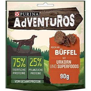 PURINA AdVENTuROS hondensnoepjes, eiwitrijke hondensnoepjes, snacks voor honden met buffels, gerst en superfood, 6 stuks (6 x 90 g)