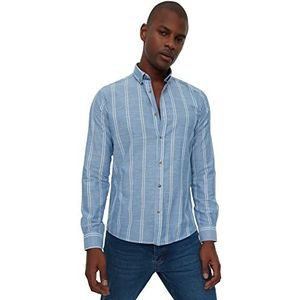 Trendyol Men's Saks Button Collar Thin Striped Slim Fit Shirt, Royal Blue, M