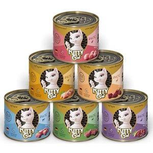 KITTY Cat Paté Mix 1, 6 x 200 g, natvoer voor katten in proefpakket, graanvrij kattenvoer met taurine, zalmolie en groenlipmossel, compleet voer met een hoog vleesgehalte, Made in Germany