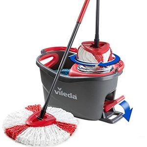 Vileda Easy Wring & Clean Turbo mop met pedaalemmer, Telescopische steel 85 – 130 cm, Franjemop met centrifugepers, Microvezelfranjes 2in1, Mop en pedaalemmer, grijs