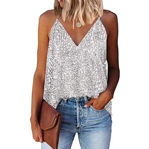 miduo Tanktops voor dames, casual, modieus, V-hals, bandjes, pailletten, sprankelend, glinsterend, hemdje, mouwloos, tanktops, ZILVER, M