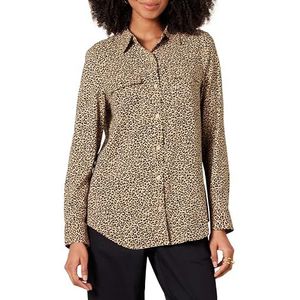 Amazon Essentials Dames Georgette shirt met lange mouwen en relaxed-fit zakken, taupe luipaard, X-Small