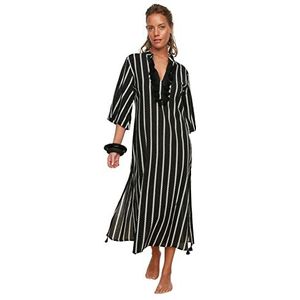 TRENDYOL Gestreepte kwastjes voor dames, gedetailleerde voile, kimono en kaftan, zwart, L
