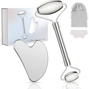 Alyvisun Gua Sha-set, Gua Sha-plaat en gezichtsroller van roestvrij staal, huidontzwellende Gua Sha-tool, verkoelend schoonheidsmassageapparaat met draagtas en reinigingsdoekje