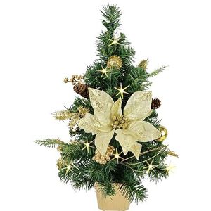 Mini-kunstkerstboom met ledverlichting, kerstballen, versierd in mand, dennenboom, kerstboom, decoratieve boom, mini-kerstdecoratie