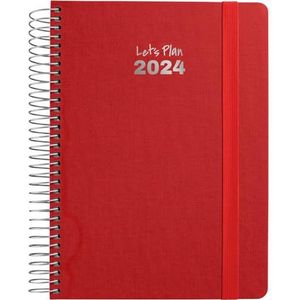 Grafoplás | Dagplanner 2024 | rood | 15 x 21 cm | Spaans | met spiraalbinding | hardcover met stof gevoerd | rubberen sluiting | Fancy serie | januari tot december 24