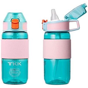 TITIROBA TKK Drinkfles met rietje, 450 ml, lekvrij, BPA-vrij, Tritan, spot, drinkfles voor fiets, camping, yoga, gym, blauw 1003