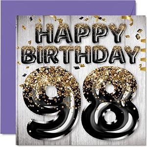 98e verjaardagskaart voor mannen - zwart & goud glitter ballonnen - gelukkige verjaardagskaarten voor 98 jaar oude man vader overgrootvader opa gran, 145mm x 145mm achtennegentig wenskaarten cadeau