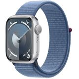 Apple Watch Series 9 (GPS 41 mm) Smartwatch - Kast van zilver aluminium - Winterblauw geweven sportbandje. Conditie bijhouden, Saturatie-app en Ecg-app, Always-on Retina-display, CO₂- neutraal