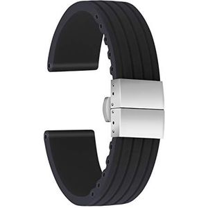 ULLCHRO Uniseks rubberen armband met roestvrijstalen zilveren vouwsluiting, zwart, 18mm, armband