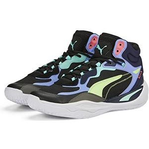 PUMA Playmaker Pro Mid basketbalschoen voor heren, Puma Zwart Elektro Paars, 51 EU