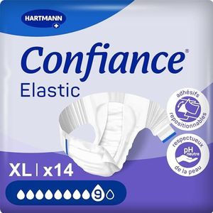 Confiance Elastisch – complete veranderingen voor mannen en vrouwen – absorptiegraad = 9 druppels (sterke zwakte van de blaas) – pH-neutraal voor de huid – zacht materiaal – maat XL – 14 stuks