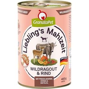 GranataPet Liebling's Mahlzeit ragout wild en rund, natte hondenvoer, voedsel voor volwassen honden zonder granen zonder toegevoegde suikers, compleet voer 6 x 400 g