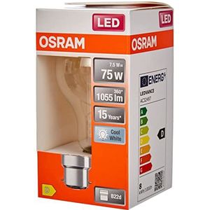 OSRAM LED lamp, Base: B22d, Cool White, 4000 K, 7,50 W, vervanging voor 75 W gloeilamp, helder, LED Retrofit CLASSIC A Set van 6