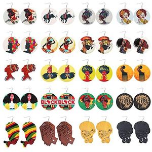 JeryWe 20 Paar Afrikaanse Oorbellen Houten Etnische Afrikaanse Kaart Koningin Stijl Verklaring Dangle Oorbellen Set Voor Vrouw, Zirkonia