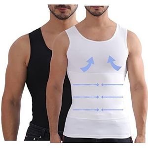 Henicepte Mannen Afslanken Buik Controle Borst Compressie Verbergen Gynaecomastie Ondershirt Shapewear, 2 Verpakking: zwart/wit, M