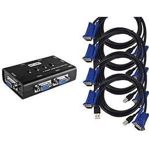 KALEA-INFORMATIQUE KVM-switch voor 4 pc's. VGA-monitor, toetsenbord en USB-muis, met KVM-kabels meegeleverd.