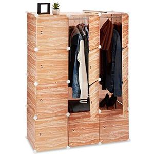Relaxdays kledingkast steeksysteem, 8 vakken, van kunststof, met deuren, met kledingroedes, 145 cm hoog, houtlook
