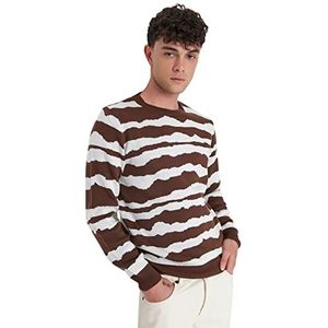 Trendyol Heren ronde hals gestreepte slanke trui sweatshirt, bruin, L, BRON, L