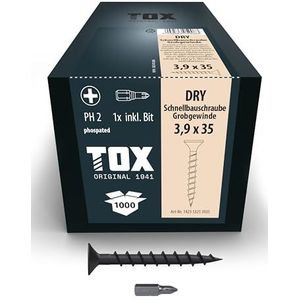 TOX Snelbouwschroeven DRY GG 3,9 x 35 mm, schroeven zwart gefosfateerd met trompetkop + grove schroefdraad, gipsplaat op houten onderbouw, PH2, 1000 stuks, incl. 1x bit, 142353213935