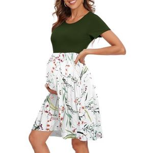 WOOXIO Zwangerschapsjurk voor dames, korte mouwen, patchwork, zwangerschapskleding met zakken, Leger Groen-Blad Wit, M