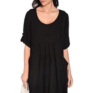 Damesjurk van 100% linnen, gemaakt in Italië, lange jurk zonder mouwen met volant-kraag, zwart, maat: M, Zwart, M