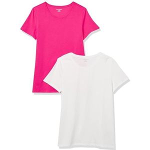 Amazon Essentials Women's T-shirt met korte mouwen en ronde hals in klassieke pasvorm, Pack of 2, Helderroze/Wit, XS