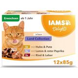 Iams Delights Land Collection Natte kattenvoer, multipack met vleessoorten (lam, rundvlees, kip en kalkoen, nat voer voor katten vanaf 1 jaar, 12 x 85 g