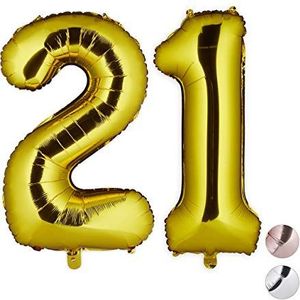 Relaxdays Folieballon cijfer decoratieve ballon voor 21e verjaardag, oogjes om op te hangen, XXL cijferballon, 85-100 cm, goud, h x b x d: ca. 85 x 50 x 17 cm