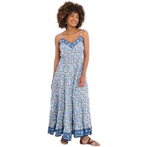 Joe Browns Damesmode grensprint V-hals strappy kreukelkatoen maxi zonnejurk, normale pasvorm, blauw, EU 40, Blauw, 38