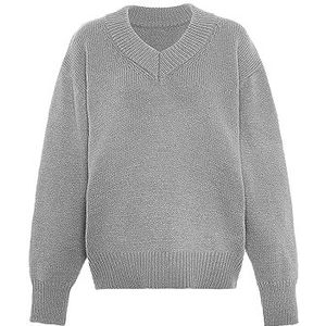 Libbi Dames minimalistische trui met V-hals acryl lichtgrijs gemêleerd maat M/L, lichtgrijs, gemêleerd, M