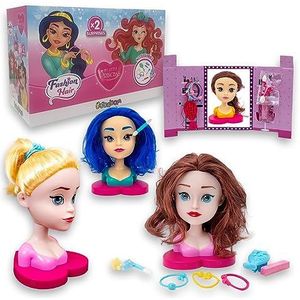 Sbabam, Funny Box My Little Princess Fashion Hair, pop voor meisjes, poppenhoofd om make-up te maken en te kammen, met haaraccessoires, 2 stuks, poppen voor meisjes, prinsessen als cadeau voor meisjes