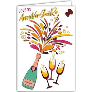 Wenskaart voor verjaardag, champagne, fles, fles, kurk, bubbels, fonkelend, illustratie met envelop, formaat 12 x 17,5 cm, papier uit duurzaam beheerde bossen, gemaakt in Frankrijk 69-8038