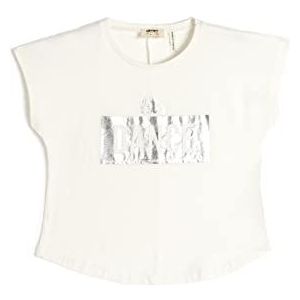 Koton Girls's Oversized T-shirt met korte mouwen en ronde hals, bedrukt met gleamy katoen, Ecru (002), 6-7 Jaar