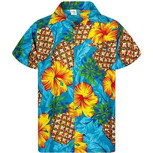 Funky Hawaiiaans Overhemd, Hawaii-Overhemd, Korte Mouw, Pineapple Hibiscus, Turkoois, 3XL