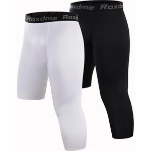 Roxdme 2 Pack Heren 3/4 Een Been Compressie Capri Panty Broek Basketbal Atletische Hardlopen, Zwart+wit (rechts Kort), S