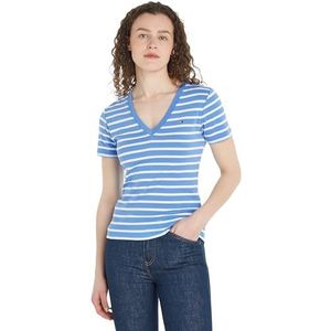 Tommy Hilfiger Vrouwen Nieuwe Slanke Cody V-hals Ss S/S Gebreide Tops, Breton Stp/Blauwe spreuk/Ecru, XXS