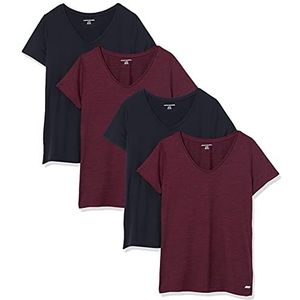 Amazon Essentials Dames Tech Stretch T-shirt met korte mouwen en V-hals (verkrijgbaar in grote maten), 2-Pack, Bordeauxrood Ruimteverf/Zwart, S