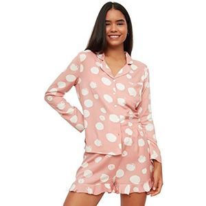 Trendyol Vrouwen Polka Dot Ruffle gedetailleerde Midden Geweven Shirt-Korte Pyjama Set, Zalm, 70