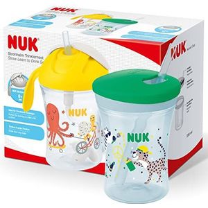 NUK Drinkbekerset met Motion Cup drinkbeker (8+ M) en Action Cup drinkbekers voor kinderen (12+ m), lekvrij met zachte rietjes, BPA-vrij, groen/geel, 2 stuks