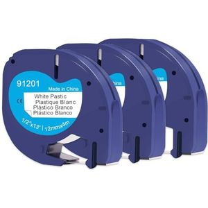 Doree 3-pack compatibele labeltape 91221 91201 S0721660 12 mm x 4 m zwart op wit voor Dymo LT LT-100T, LT-100H labelprinter