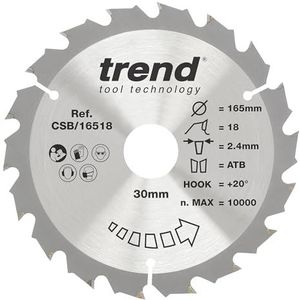 Trend Houten cirkelzaagblad, 165mm diameter, 30mm boring, 18 tanden, TCT, 2,4 mm kerf, +15 ° haak, CSB/16518