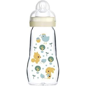 MAM Feel Good glazen babyflesje (260 ml), babyfles met brede opening, stabiele zuigfles met speentje in maat 1, vanaf 0 maanden, tuin, beige