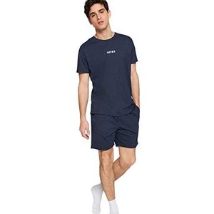 Trendyol Heren Man Plain Elastische Taille Gedetailleerde Midden Geweven T-Shirt-Korte Pyjama Set, Indigo, M, Indigo, M